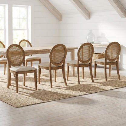 Cane-Back Dining Chair Set with Creme Accents, Upholstered Seats, 4 Pieces