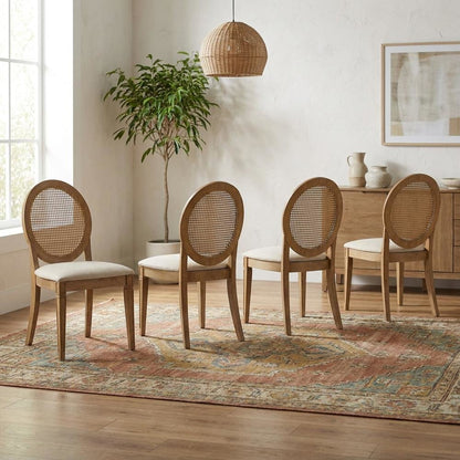 Cane-Back Dining Chair Set with Creme Accents, Upholstered Seats, 4 Pieces