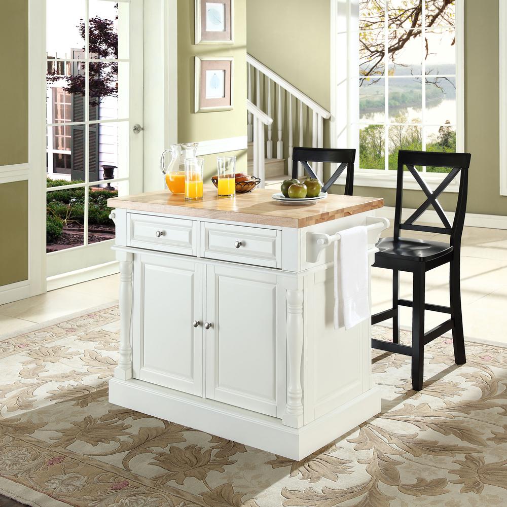 Oxford Kitchen Island W/X-Back Stools, Kitchen Island, 2 Counter Bar Stools