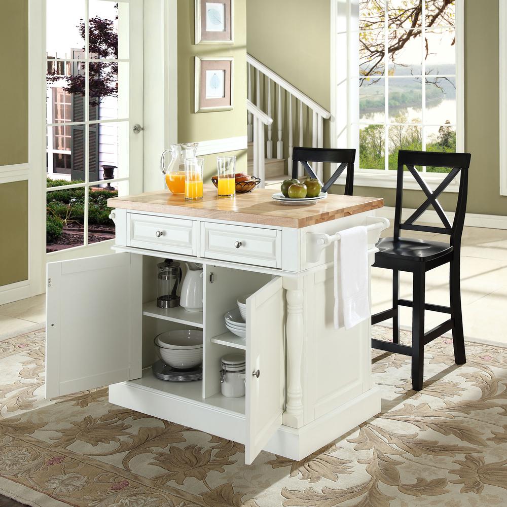 Oxford Kitchen Island W/X-Back Stools, Kitchen Island, 2 Counter Bar Stools