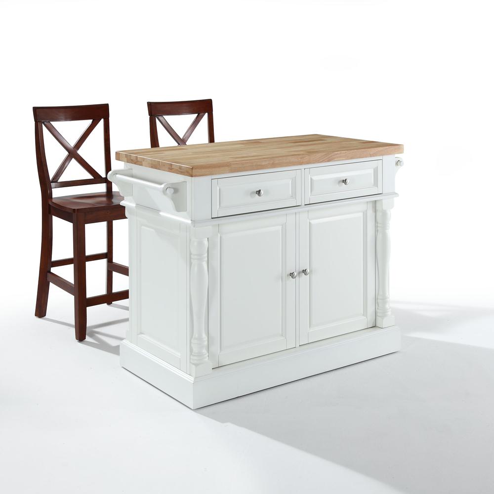 Oxford Kitchen Island W/X-Back Stools, Kitchen Island, 2 Counter Bar Stools