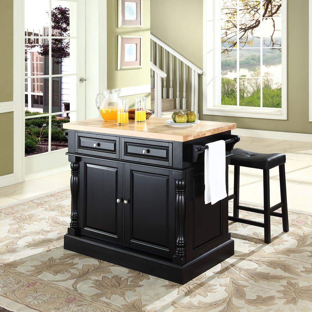 Oxford Kitchen Island W/Saddle Stools, Kitchen Island, 2 Counter Bar Stools