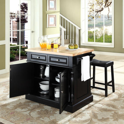 Oxford Kitchen Island W/Saddle Stools, Kitchen Island, 2 Counter Bar Stools