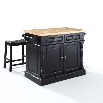 Oxford Kitchen Island W/Saddle Stools, Kitchen Island, 2 Counter Bar Stools