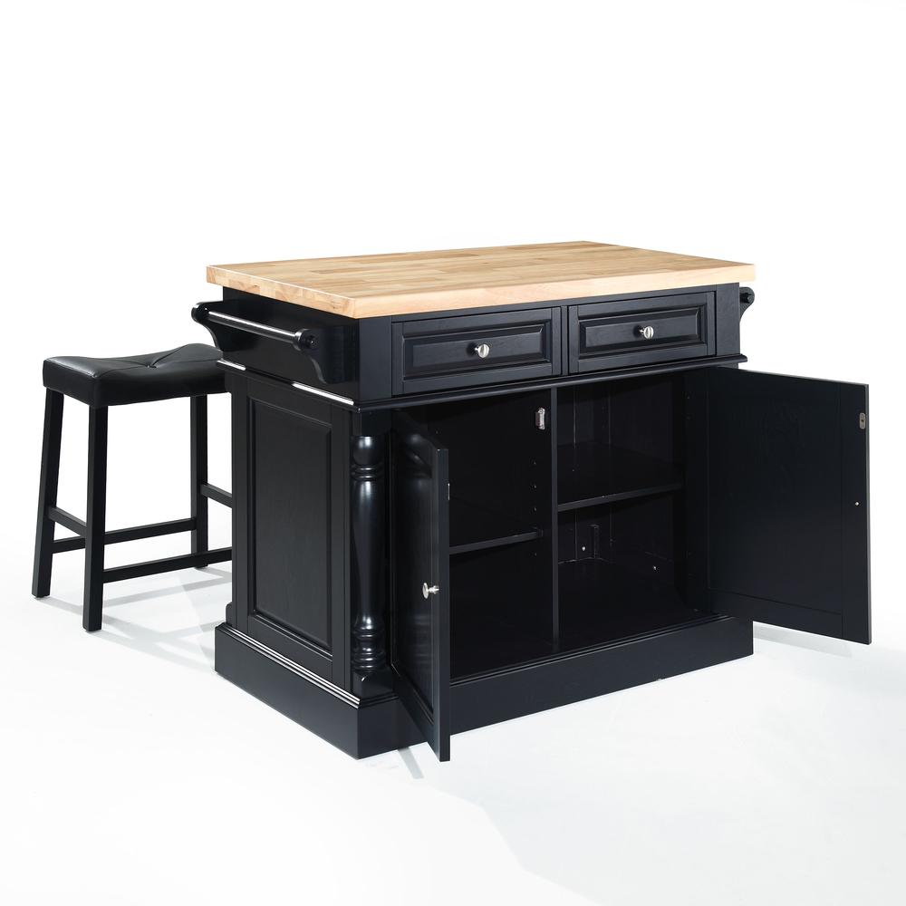 Oxford Kitchen Island W/Saddle Stools, Kitchen Island, 2 Counter Bar Stools