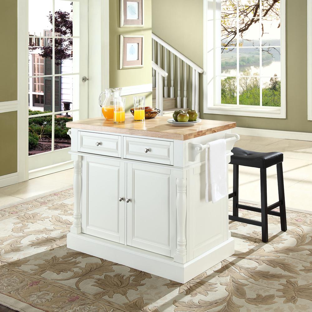 Oxford Kitchen Island W/Saddle Stools, Kitchen Island, 2 Counter Bar Stools