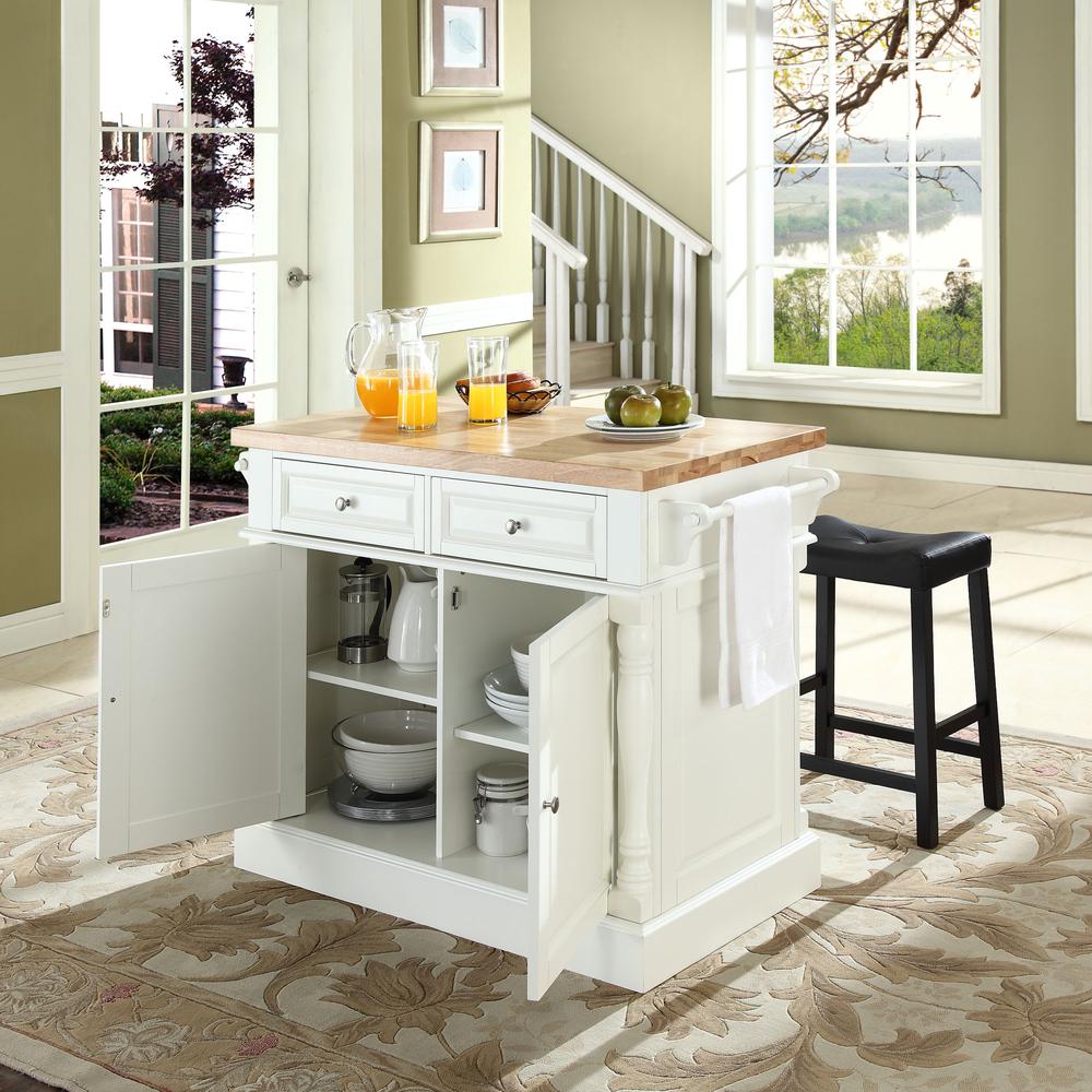 Oxford Kitchen Island W/Saddle Stools, Kitchen Island, 2 Counter Bar Stools