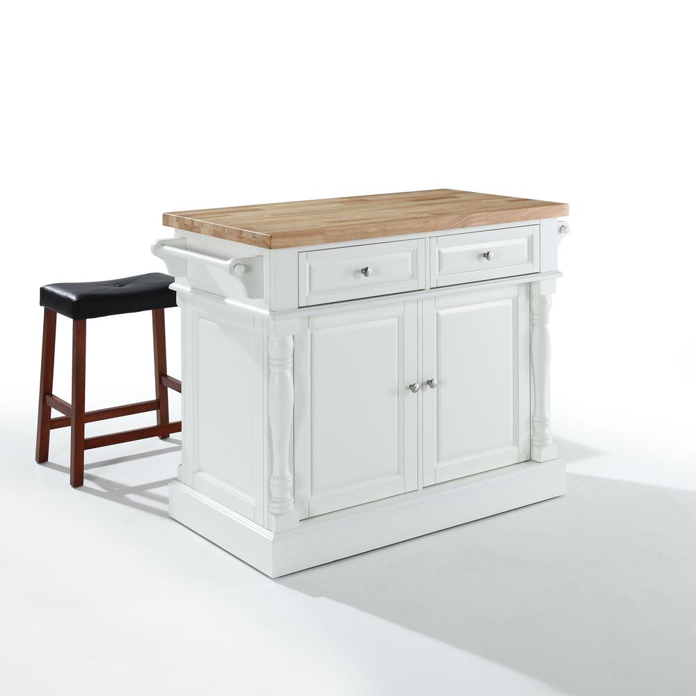 Oxford Kitchen Island W/Saddle Stools, Kitchen Island, 2 Counter Bar Stools