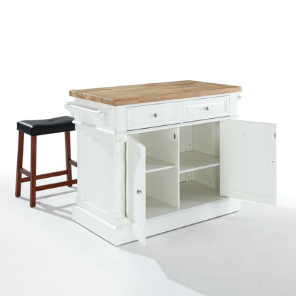 Oxford Kitchen Island W/Saddle Stools, Kitchen Island, 2 Counter Bar Stools