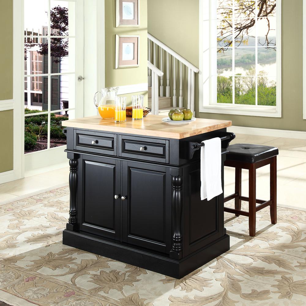 Oxford Kitchen Island W/Square Seat Stools, Kitchen Island, 2 Counter Bar Stools