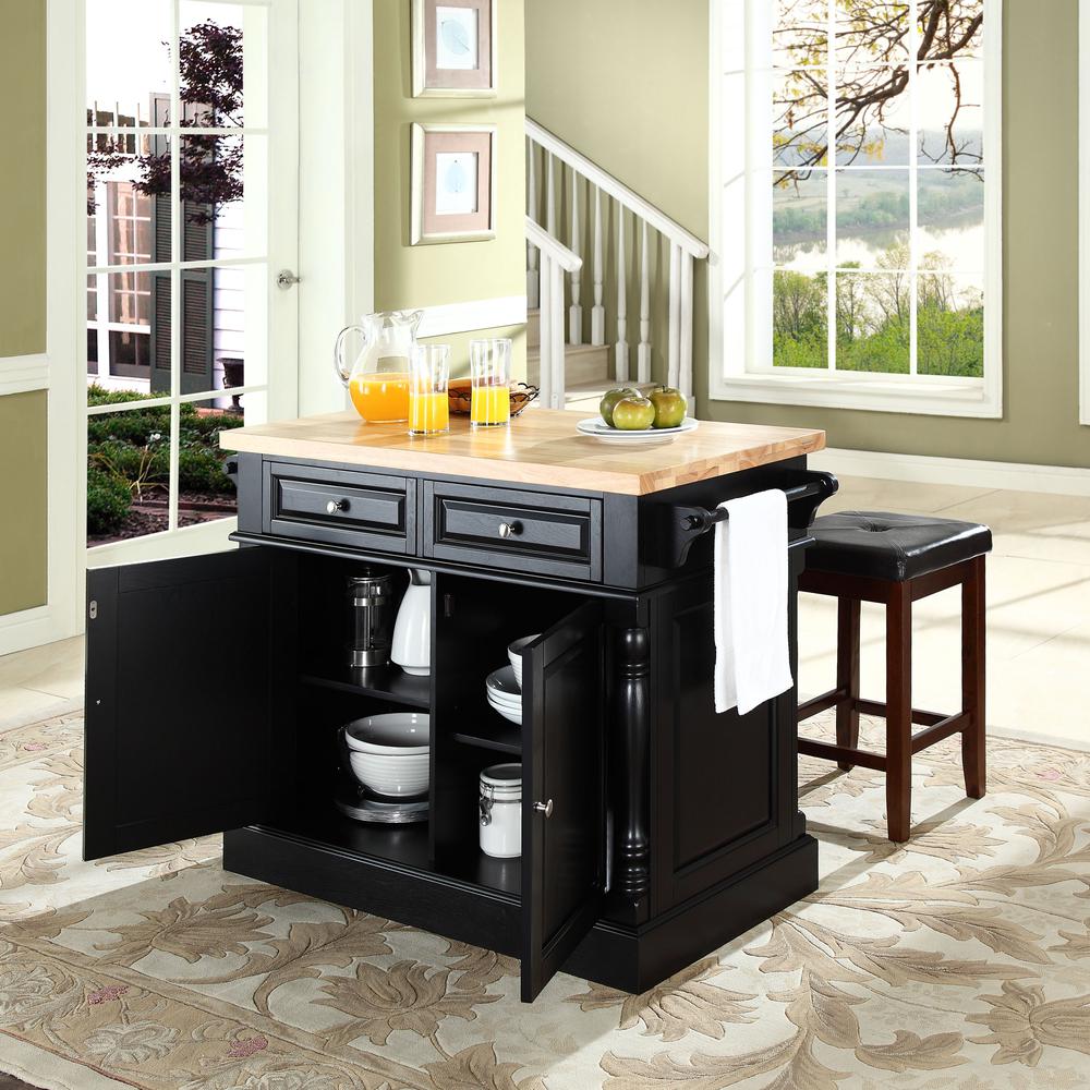 Oxford Kitchen Island W/Square Seat Stools, Kitchen Island, 2 Counter Bar Stools