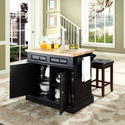 Oxford Kitchen Island W/Square Seat Stools, Kitchen Island, 2 Counter Bar Stools