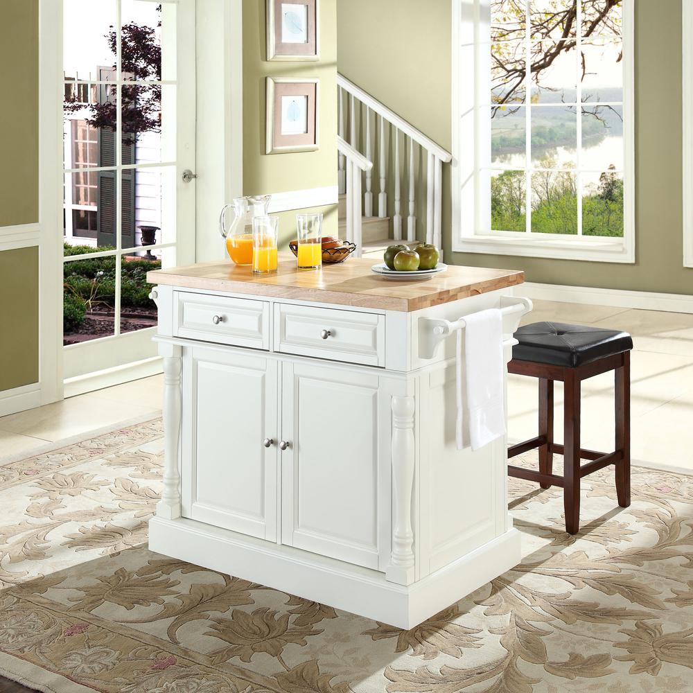 Oxford Kitchen Island W/Square Seat Stools, Kitchen Island, 2 Counter Bar Stools