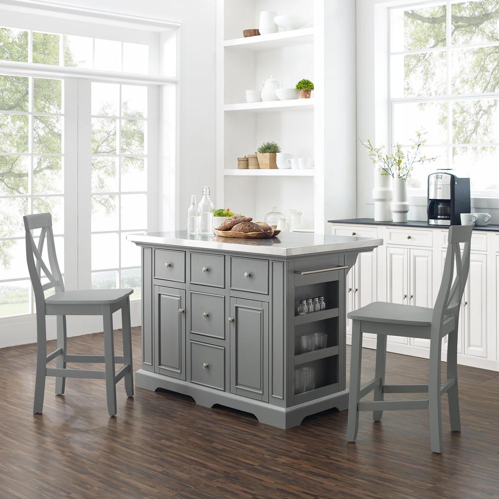 Julia Stainless Steel Top Island W/X-Back Stools - Island & 2 Stools