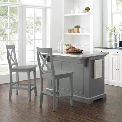 Julia Stainless Steel Top Island W/X-Back Stools - Island & 2 Stools