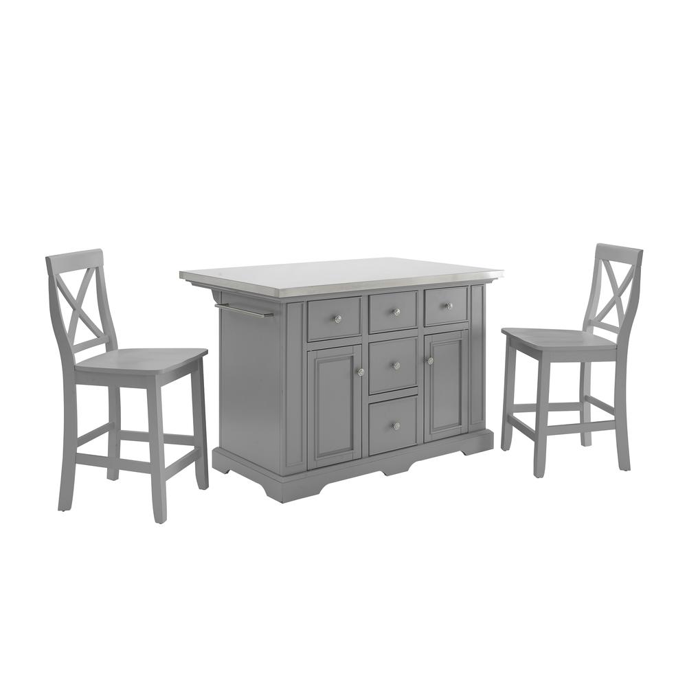 Julia Stainless Steel Top Island W/X-Back Stools - Island & 2 Stools