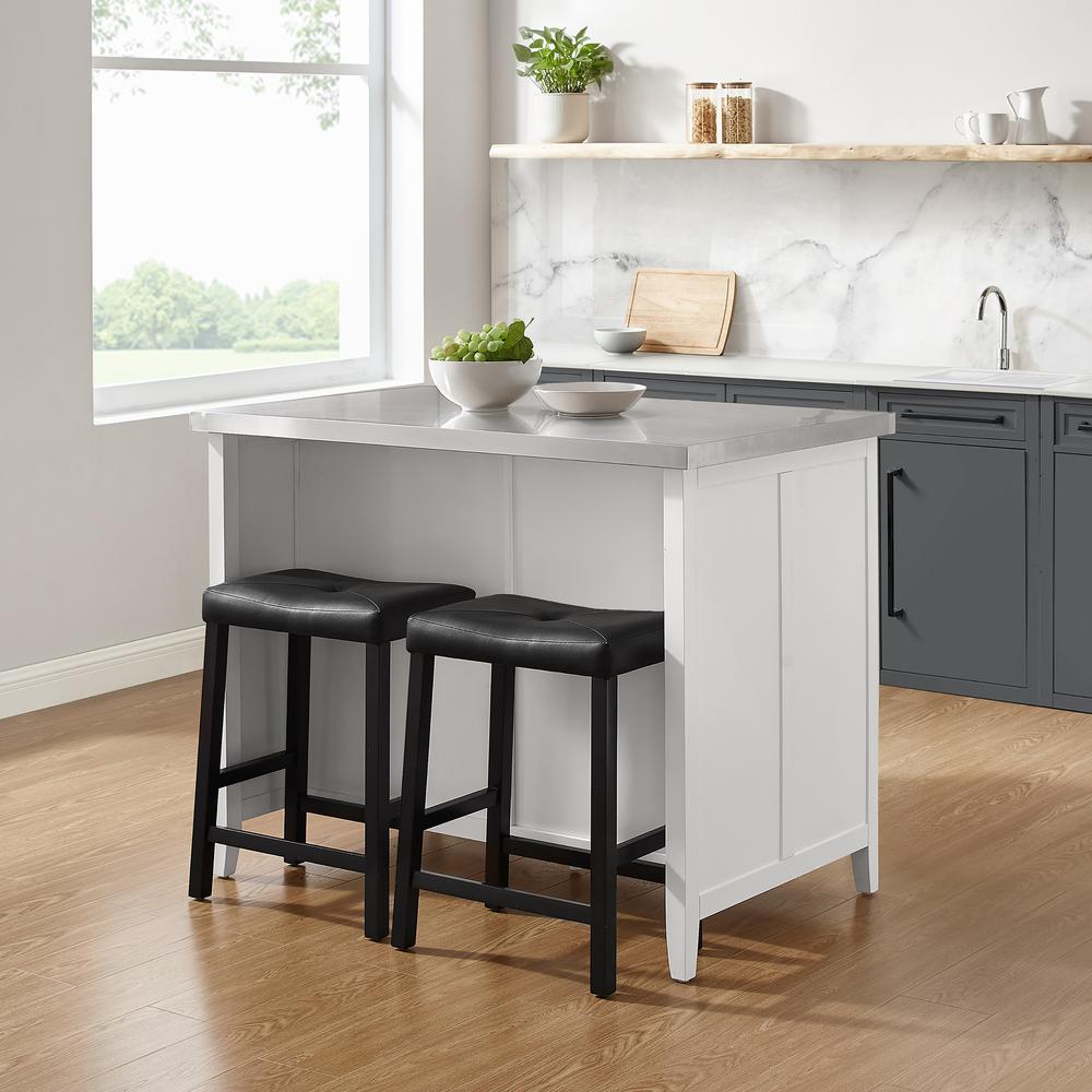 Silvia Stainless Steel Top Island W/Uph Saddle Stools, Kitchen Island & 2 Stools