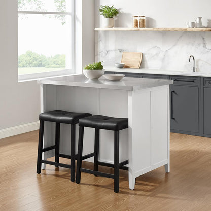 Silvia Stainless Steel Top Island W/Uph Saddle Stools, Kitchen Island & 2 Stools