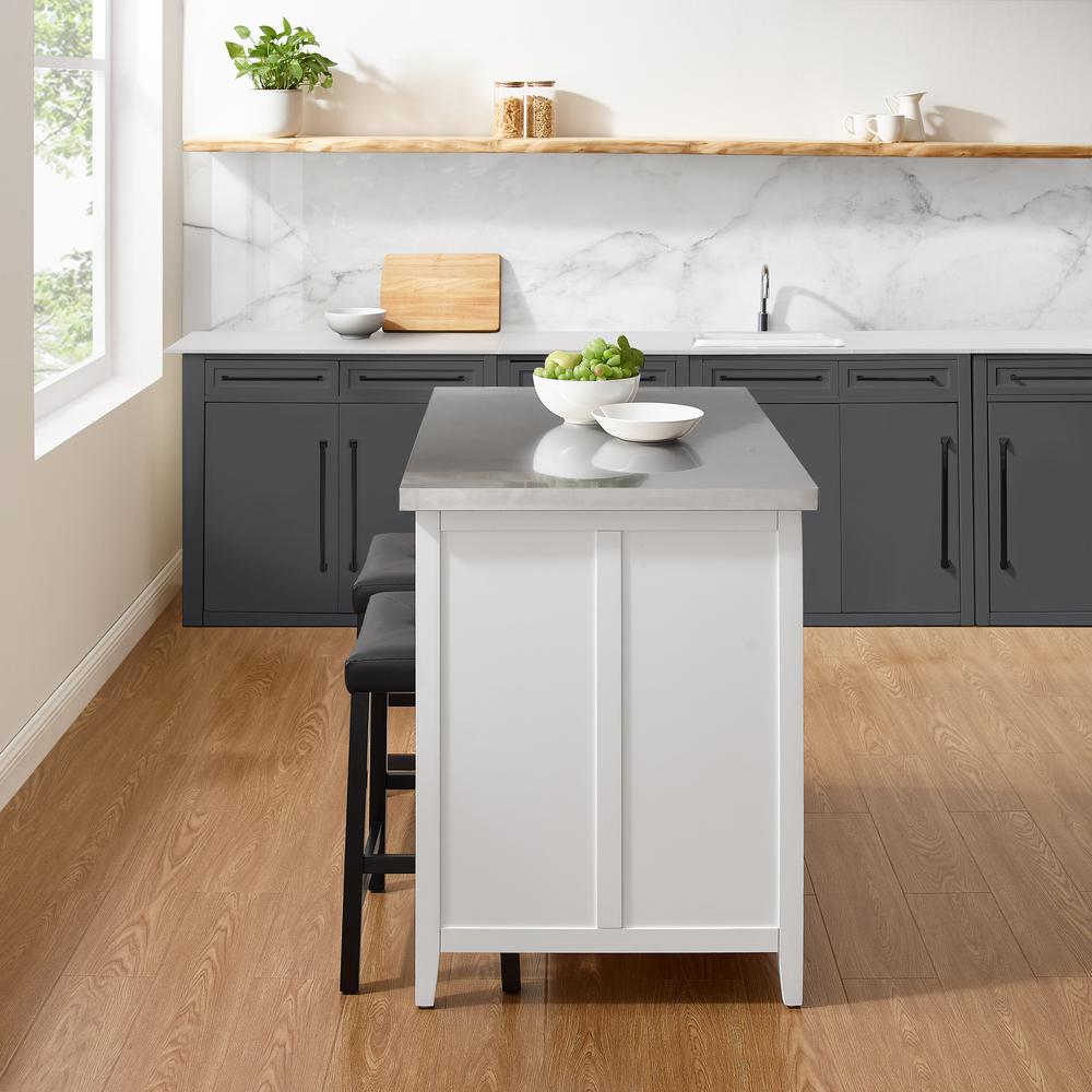 Silvia Stainless Steel Top Island W/Uph Saddle Stools, Kitchen Island & 2 Stools