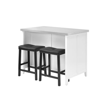 Silvia Stainless Steel Top Island W/Uph Saddle Stools, Kitchen Island & 2 Stools