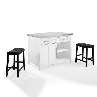 Silvia Stainless Steel Top Island W/Uph Saddle Stools, Kitchen Island & 2 Stools