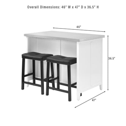 Silvia Stainless Steel Top Island W/Uph Saddle Stools, Kitchen Island & 2 Stools