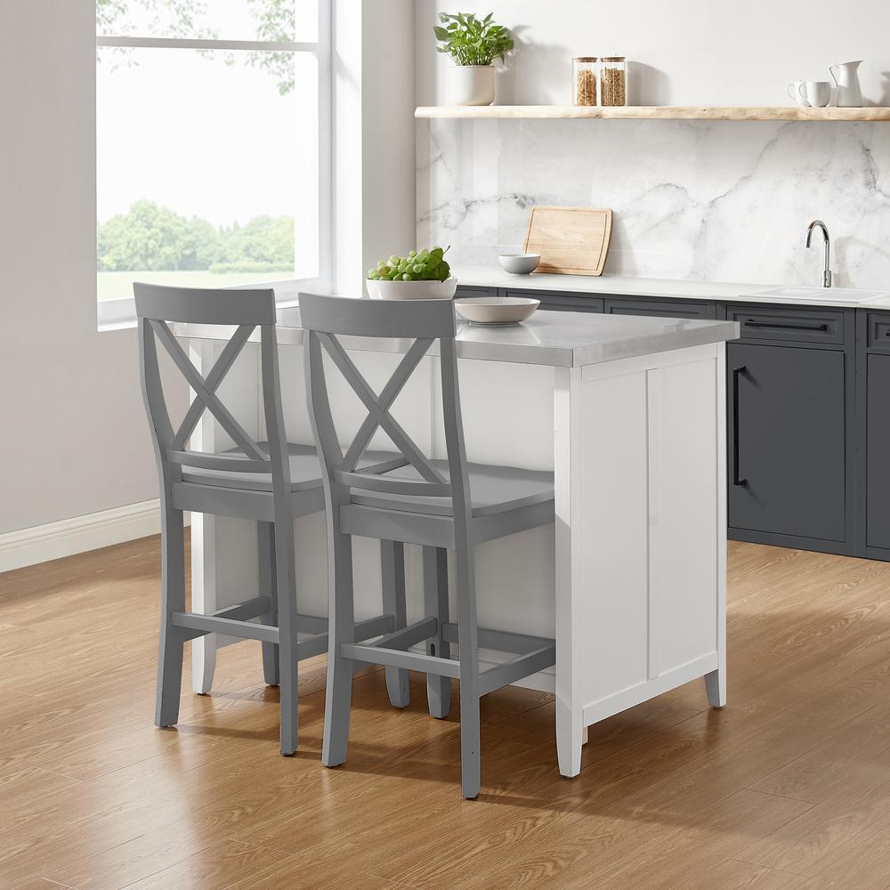 Silvia Stainless Steel Top Kitchen Island W/X-Back Stools, 2 Stools