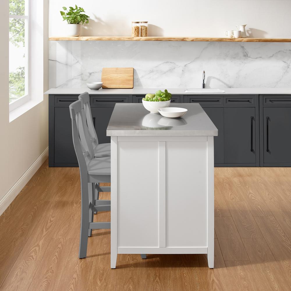 Silvia Stainless Steel Top Kitchen Island W/X-Back Stools, 2 Stools