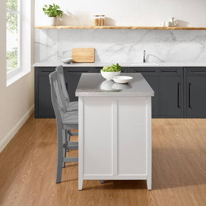 Silvia Stainless Steel Top Kitchen Island W/X-Back Stools, 2 Stools