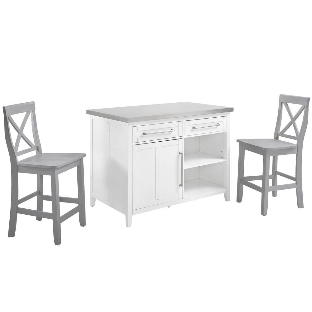 Silvia Stainless Steel Top Kitchen Island W/X-Back Stools, 2 Stools
