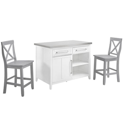 Silvia Stainless Steel Top Kitchen Island W/X-Back Stools, 2 Stools