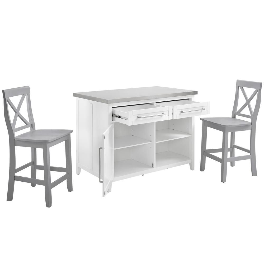Silvia Stainless Steel Top Kitchen Island W/X-Back Stools, 2 Stools