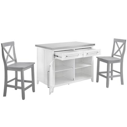 Silvia Stainless Steel Top Kitchen Island W/X-Back Stools, 2 Stools