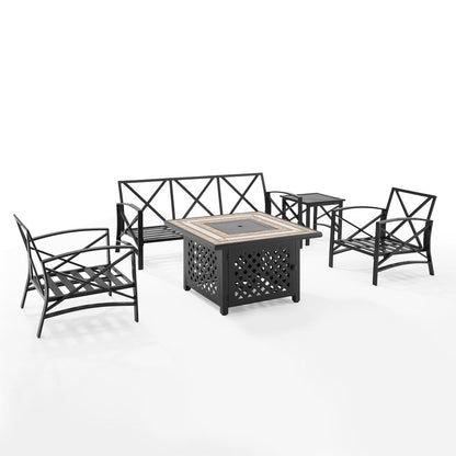 Kaplan 5Pc Outdoor Sofa Set, Sofa, Side Table, Tucson Fire Table, & 2 Chairs