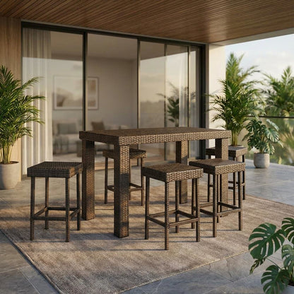 Counter Height Wicker Dining Set with 4 Stools and Table for Outdoor Use