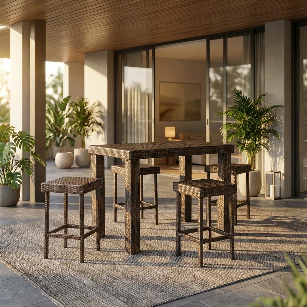 Counter Height Wicker Dining Set with 4 Stools and Table for Outdoor Use