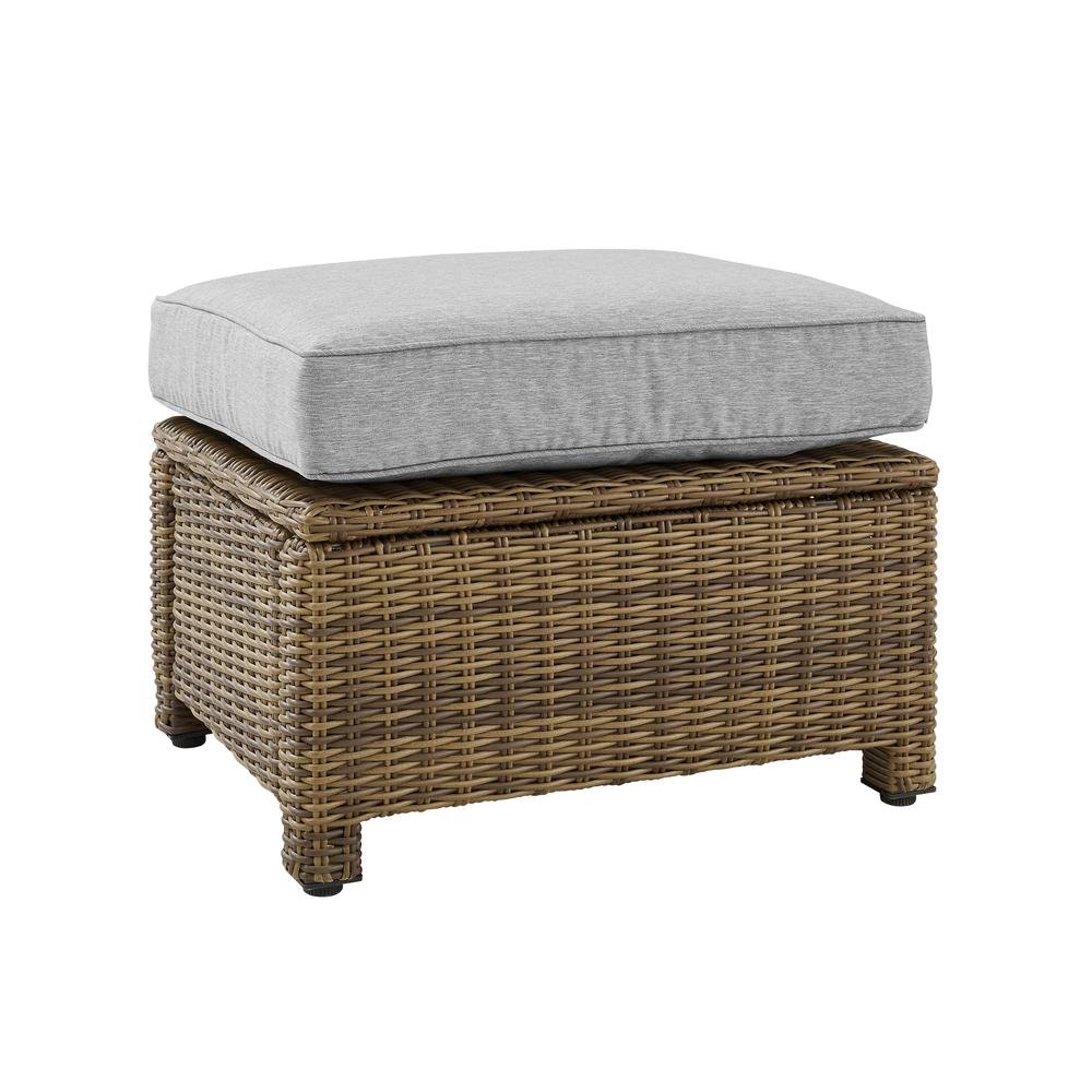 Brown Wicker Outdoor Ottoman with Gray Cushion – Foot Rest for Patio Lounging