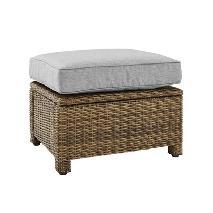 Brown Wicker Outdoor Ottoman with Gray Cushion – Foot Rest for Patio Lounging
