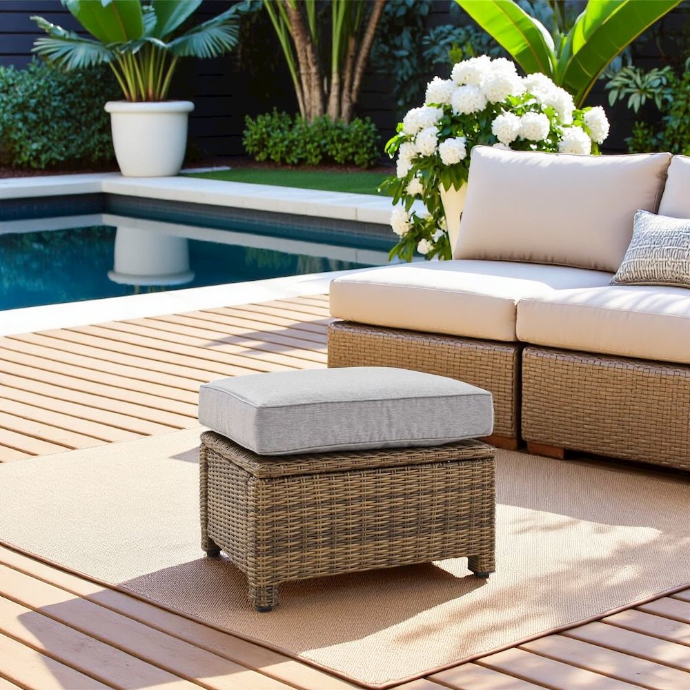 Brown Wicker Outdoor Ottoman with Gray Cushion – Foot Rest for Patio Lounging