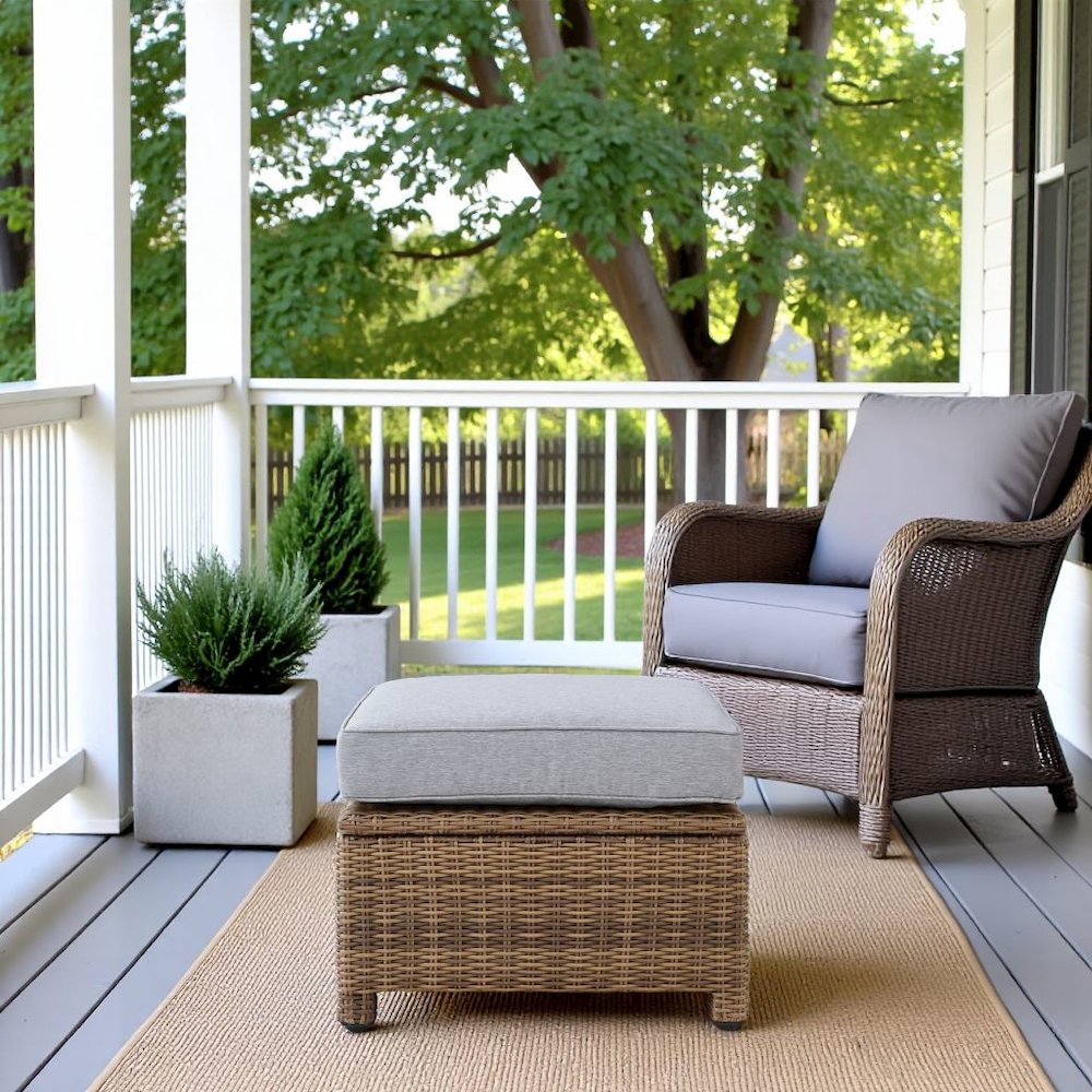 Brown Wicker Outdoor Ottoman with Gray Cushion – Foot Rest for Patio Lounging