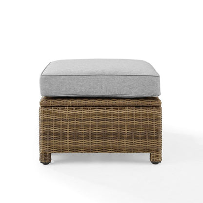 Brown Wicker Outdoor Ottoman with Gray Cushion – Foot Rest for Patio Lounging