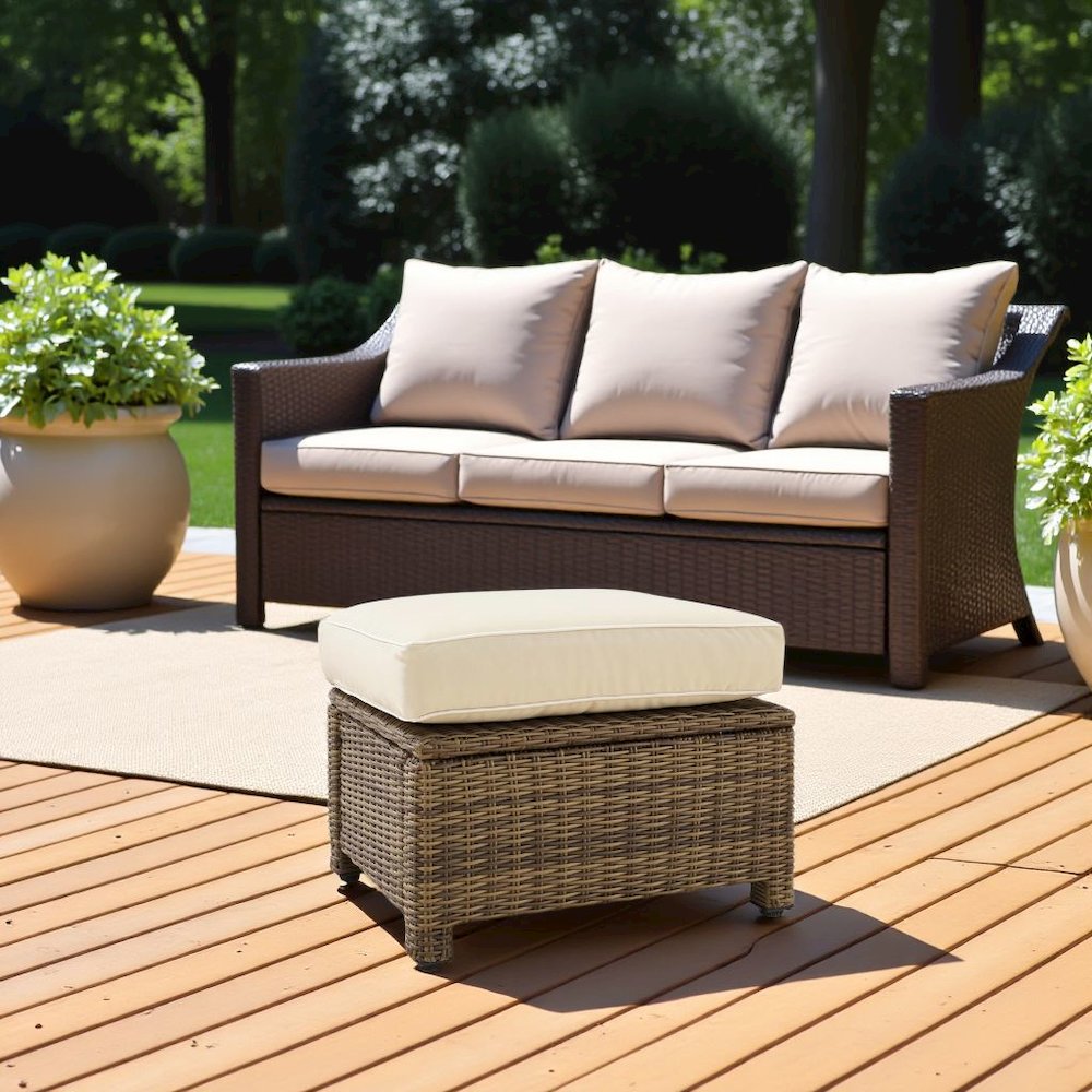 Brown Wicker Outdoor Ottoman with Sand Cushion – Foot Rest for Patio Lounging