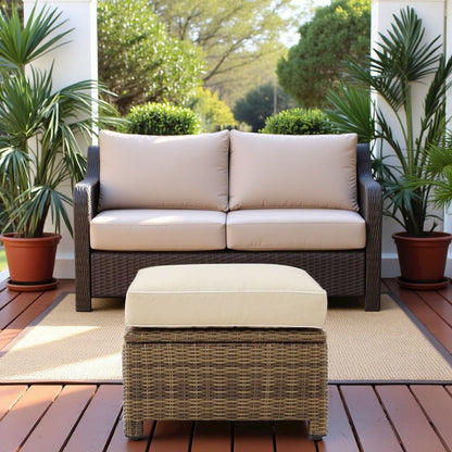 Brown Wicker Outdoor Ottoman with Sand Cushion – Foot Rest for Patio Lounging