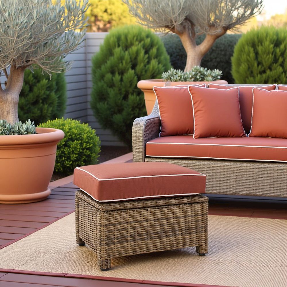 Brown Wicker Outdoor Ottoman with Sangria Cushion – Foot Rest for Patio Lounging