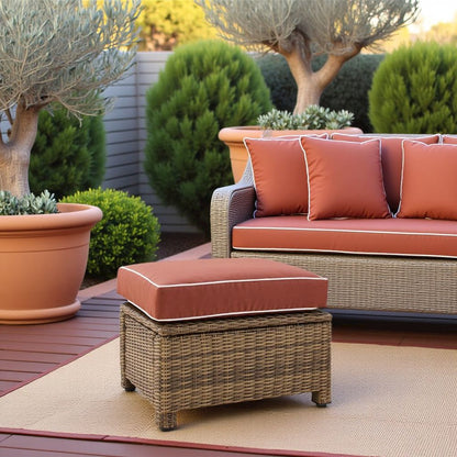 Brown Wicker Outdoor Ottoman with Sangria Cushion – Foot Rest for Patio Lounging