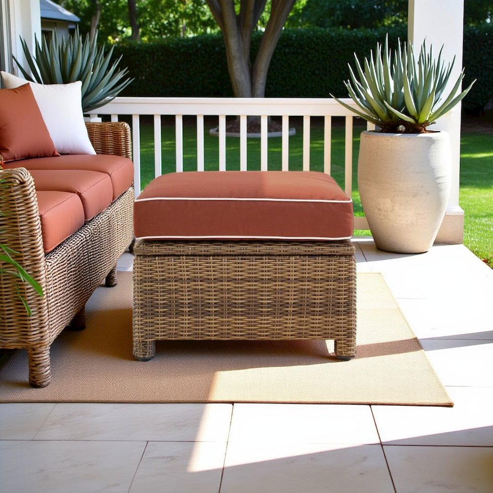 Brown Wicker Outdoor Ottoman with Sangria Cushion – Foot Rest for Patio Lounging