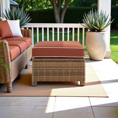 Brown Wicker Outdoor Ottoman with Sangria Cushion – Foot Rest for Patio Lounging