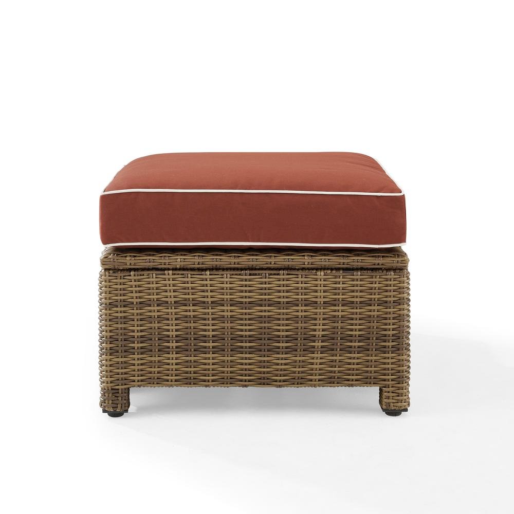 Brown Wicker Outdoor Ottoman with Sangria Cushion – Foot Rest for Patio Lounging
