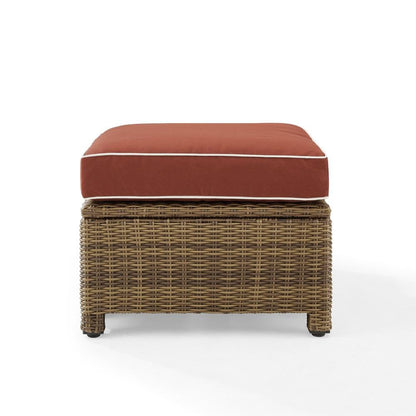 Brown Wicker Outdoor Ottoman with Sangria Cushion – Foot Rest for Patio Lounging