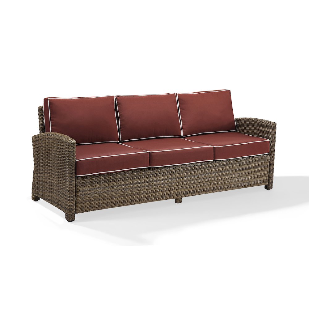 Weathered Brown Wicker Outdoor Sofa Set with Sangria Cushions